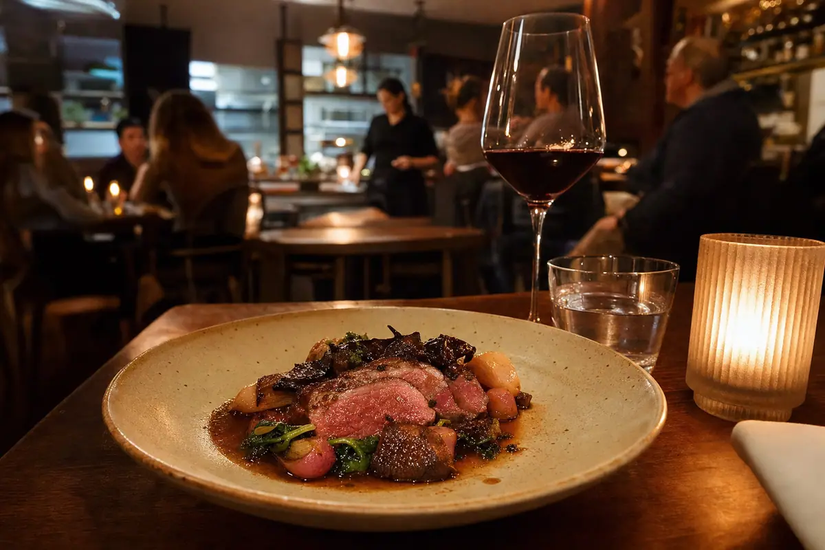 Photoreal dining or food scene representing Le Pigeon in Portland