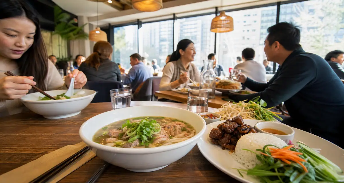 Photoreal dining or food scene representing Luc Lac Vietnamese Kitchen in Portland