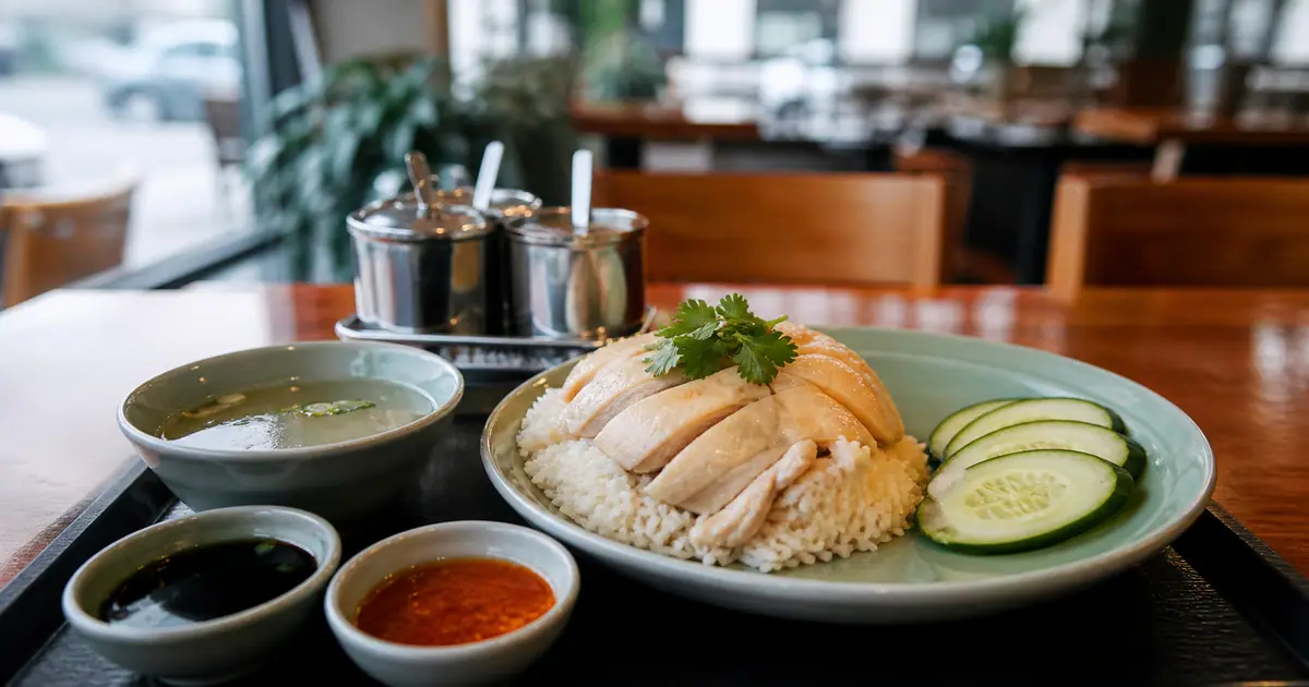 Photoreal dining or food scene representing Nong's Khao Man Gai in Portland