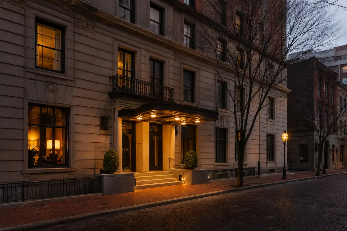 Photoreal travel-editorial view of The Dean Hotel in Providence, Rhode Island