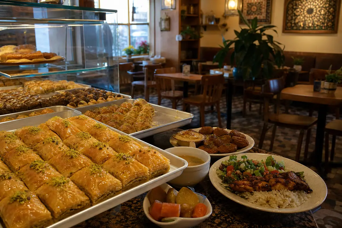 Photoreal travel-editorial view of Aleppo Sweets in Providence, Rhode Island