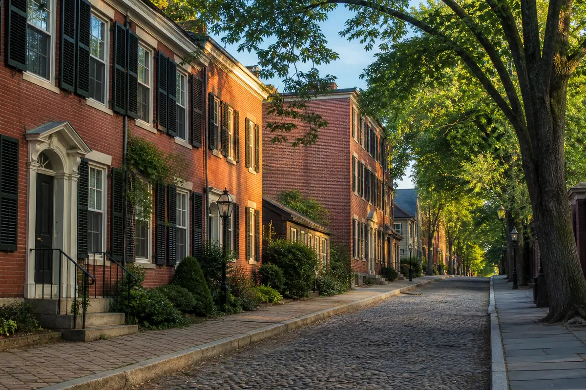Photoreal travel-editorial view of Benefit Street and the Mile of History in Providence, Rhode Island