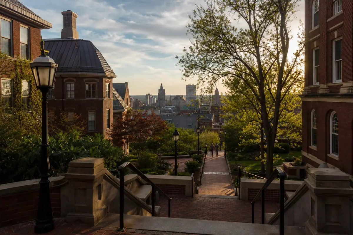 Photoreal travel-editorial view of Brown University and Prospect Terrace in Providence, Rhode Island
