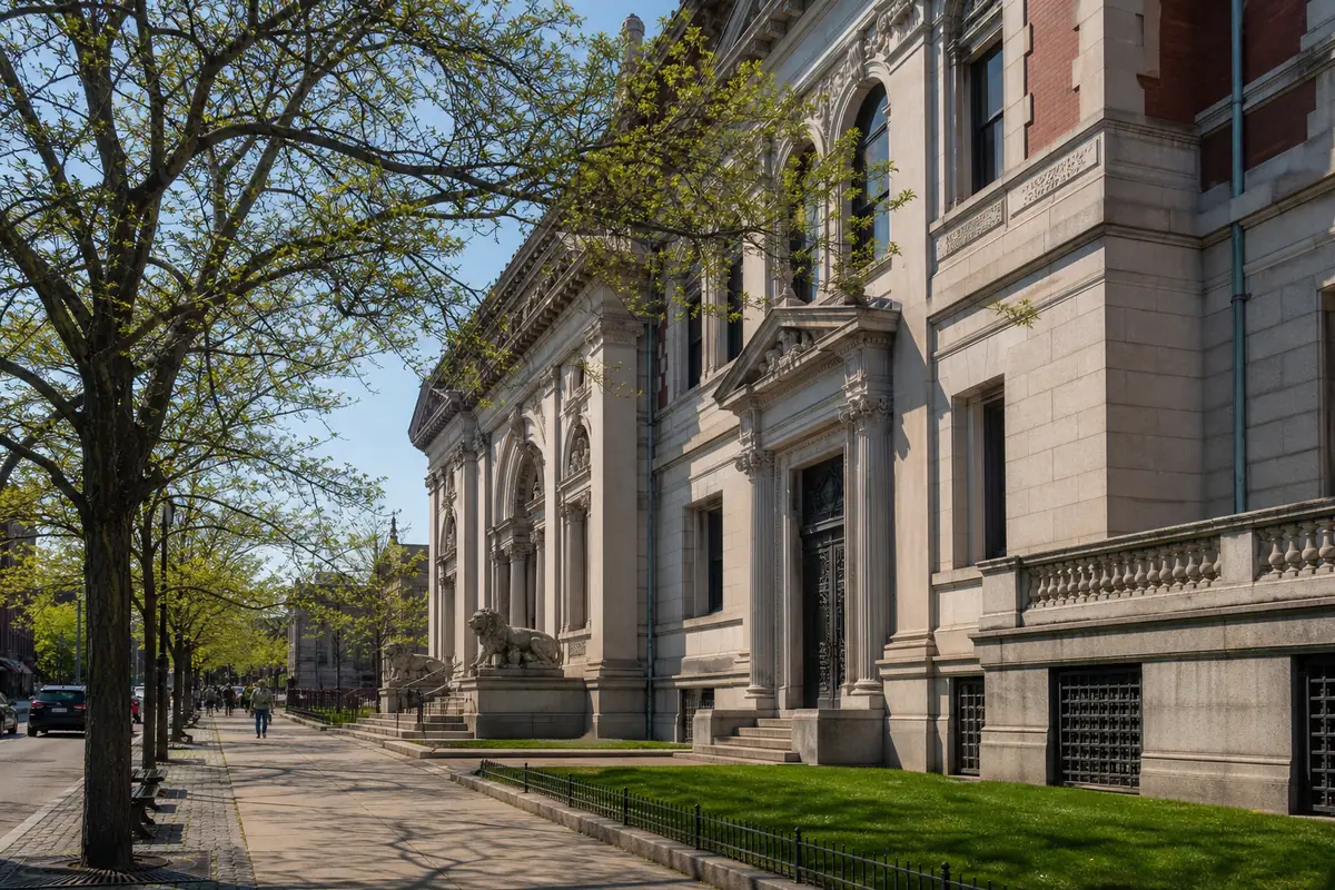 Photoreal travel-editorial view of RISD Museum in Providence, Rhode Island