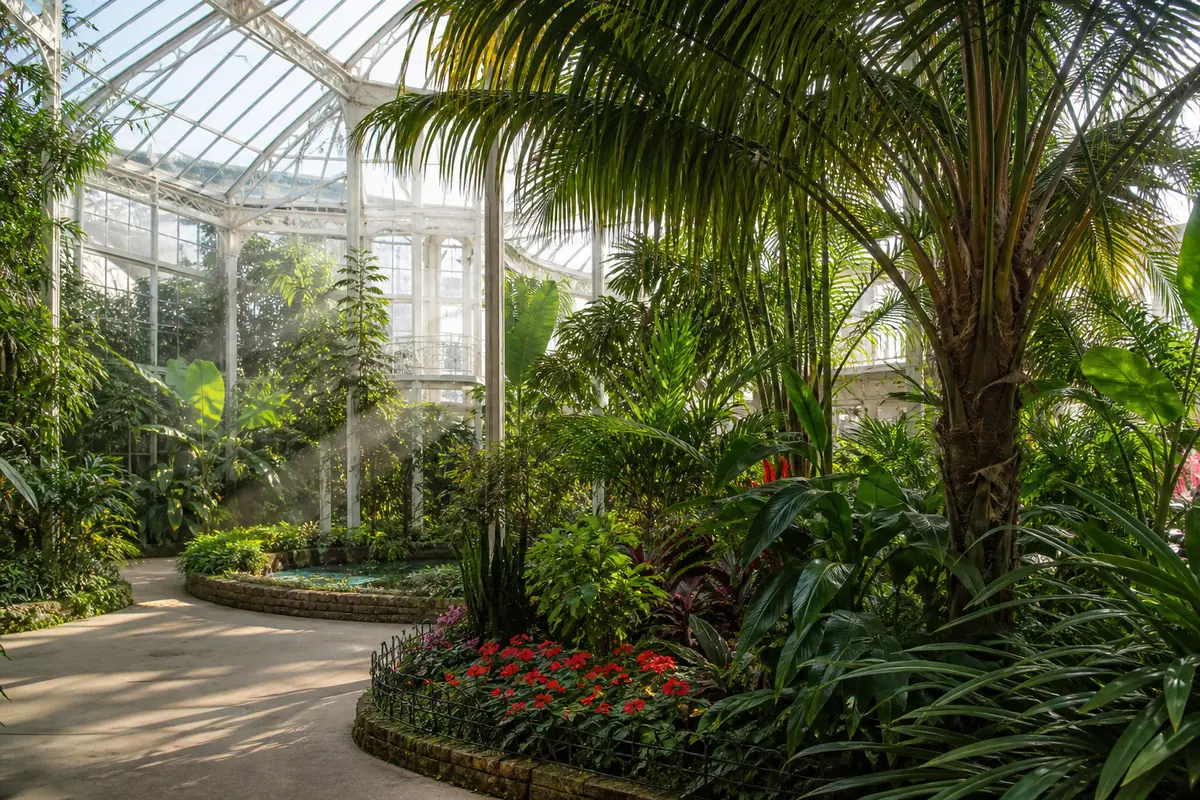 Photoreal travel-editorial view of Roger Williams Park Botanical Center in Providence, Rhode Island