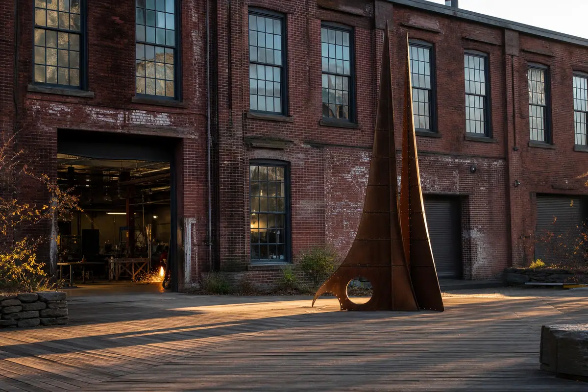Photoreal travel-editorial view of The Steel Yard in Providence, Rhode Island