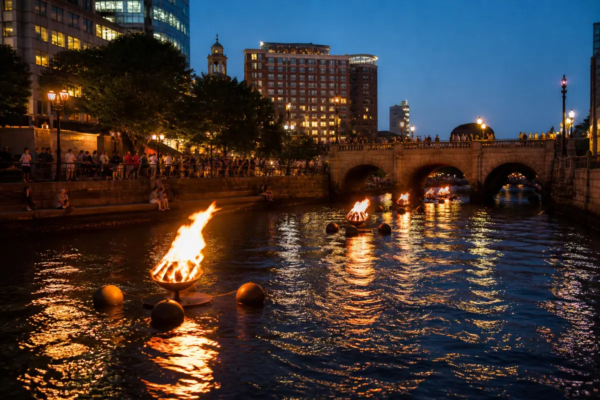 Photoreal travel-editorial view of WaterFire Providence in Providence, Rhode Island