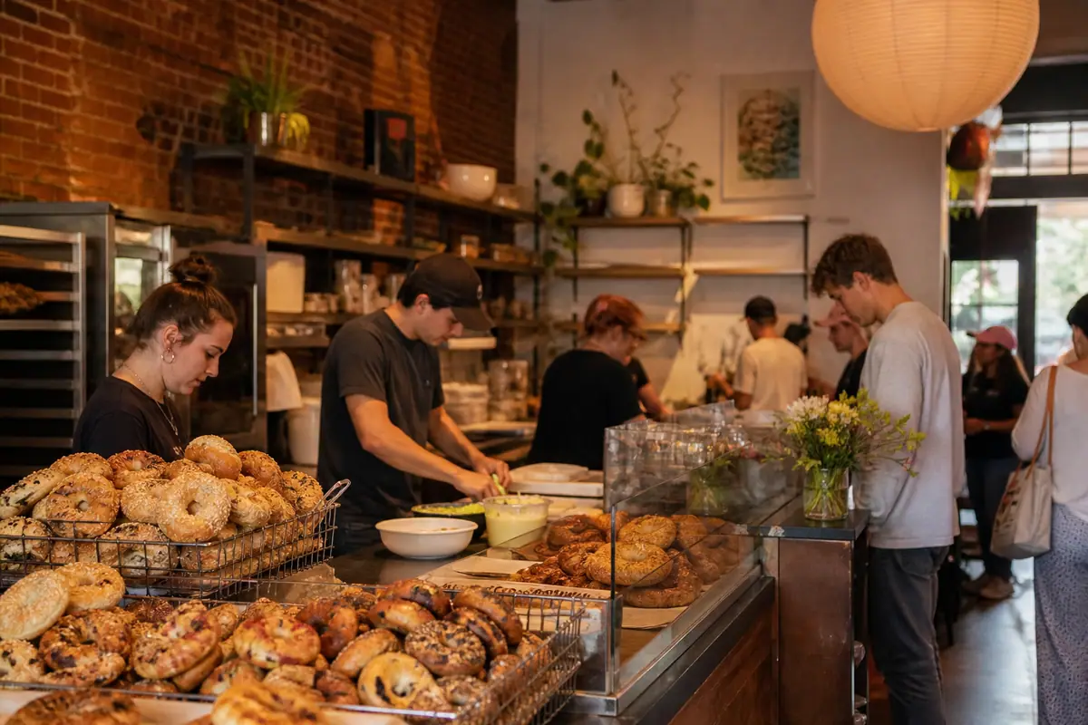 Photorealistic travel-editorial view of Benchwarmers Bagels in Raleigh, North Carolina