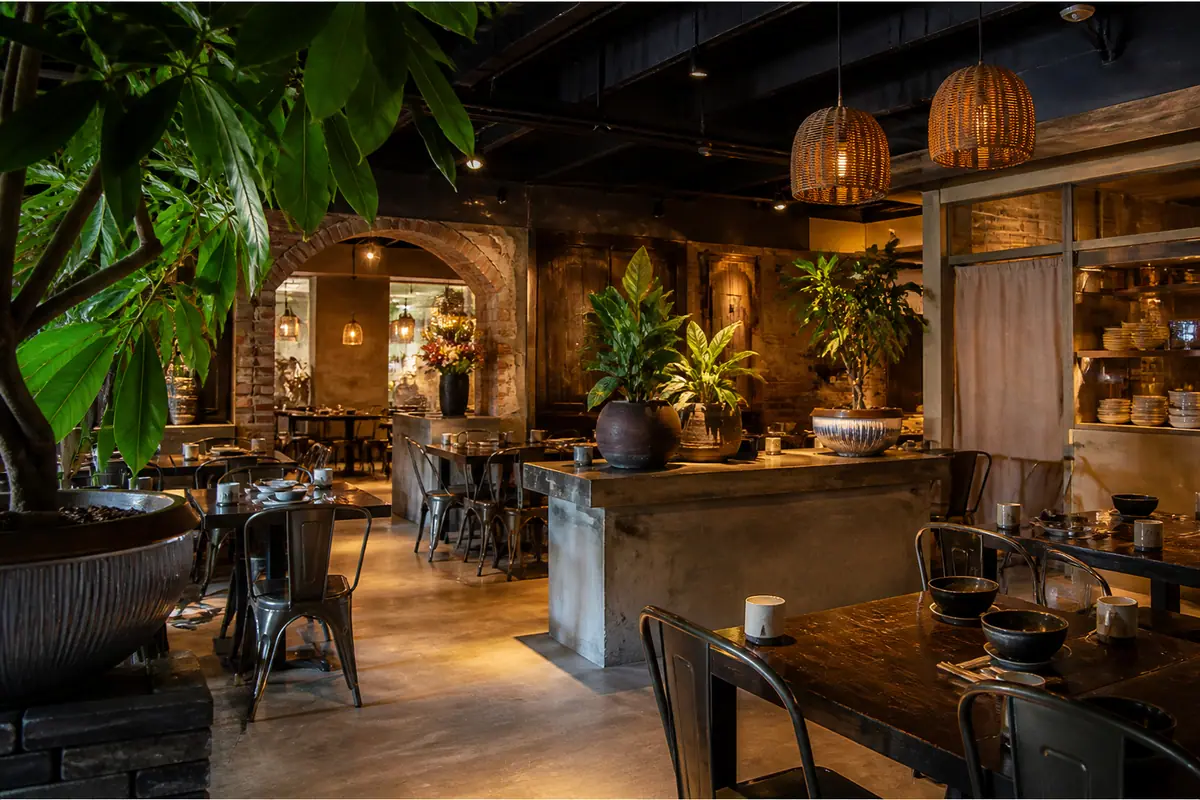 Photorealistic travel-editorial view of Chuan Cafe in Raleigh, North Carolina