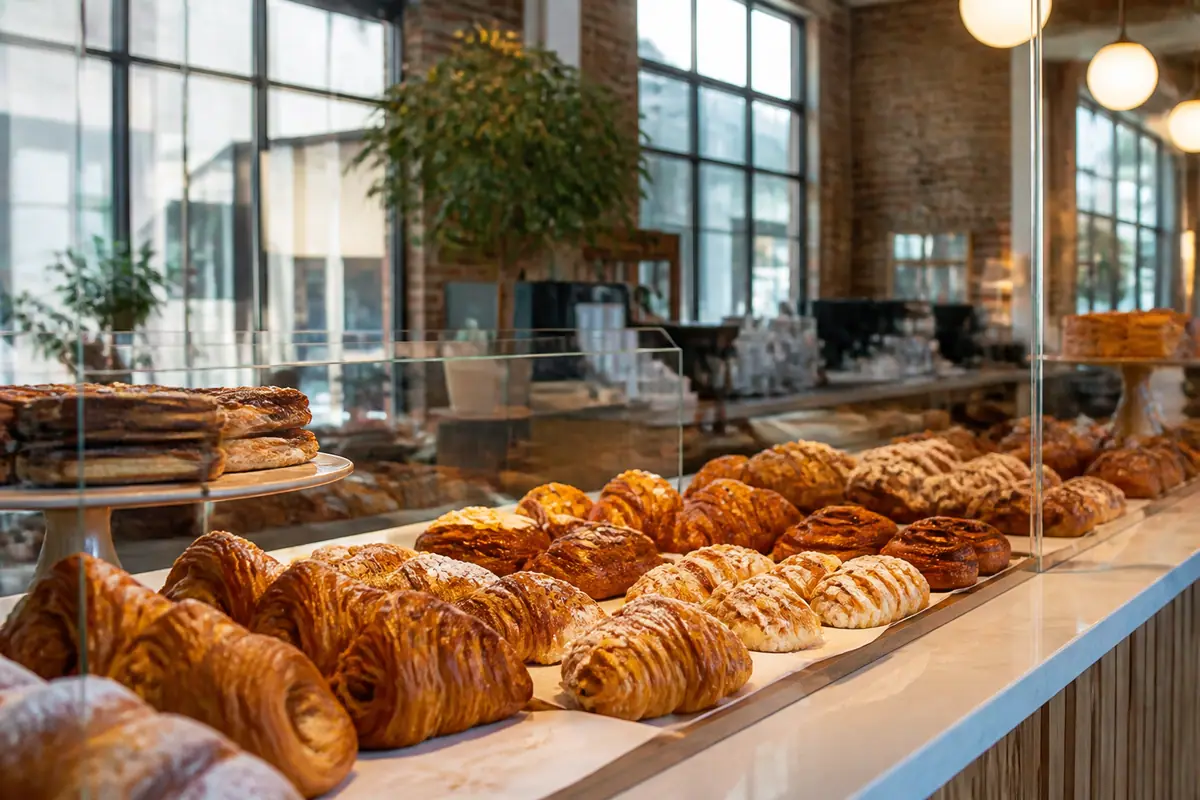 Photorealistic travel-editorial view of Layered Croissanterie in Raleigh, North Carolina