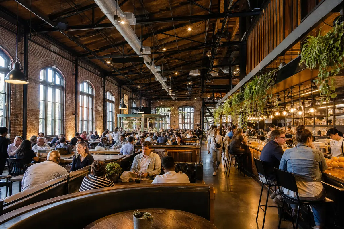 Photorealistic travel-editorial view of Transfer Co. Food Hall in Raleigh, North Carolina