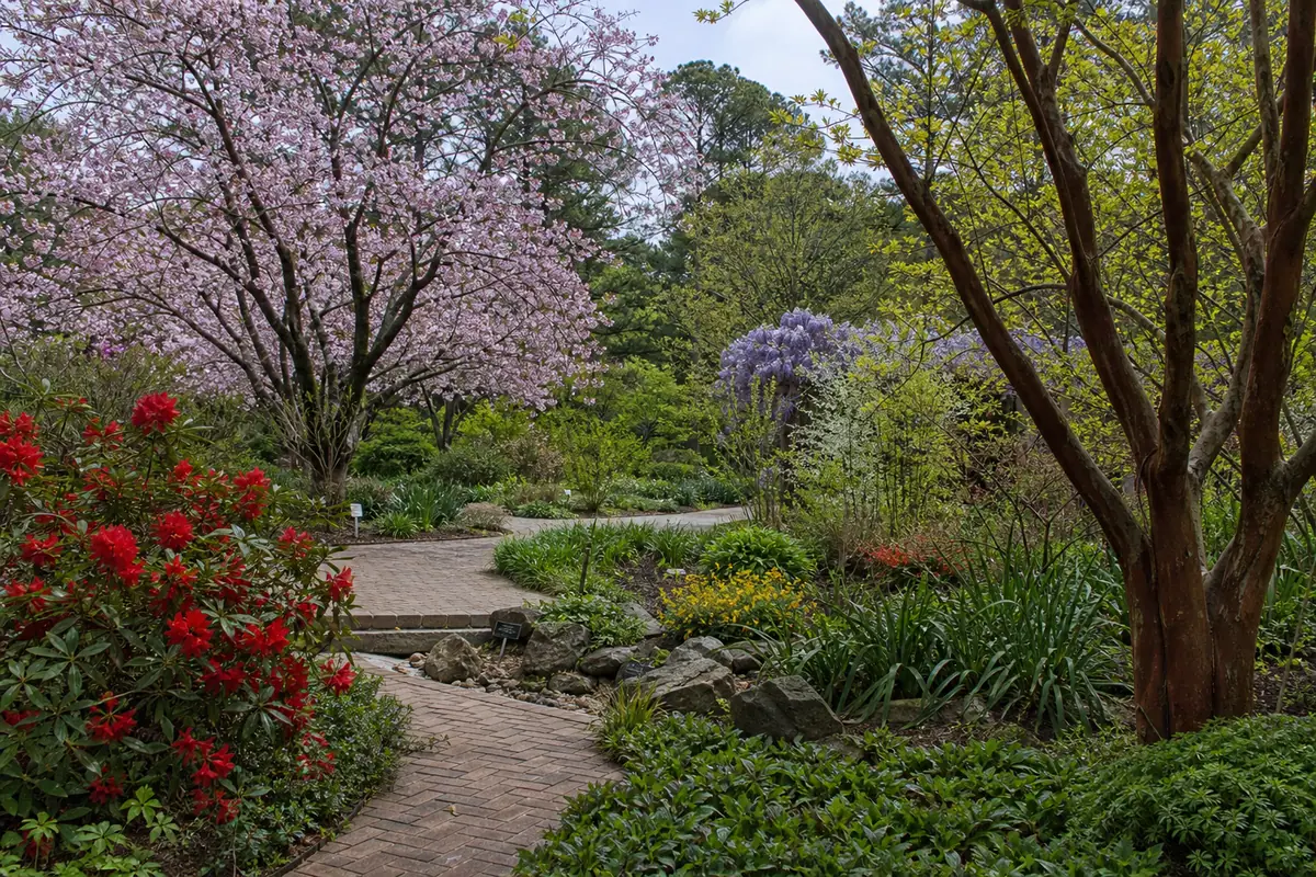Photorealistic travel-editorial view of JC Raulston Arboretum in Raleigh, North Carolina