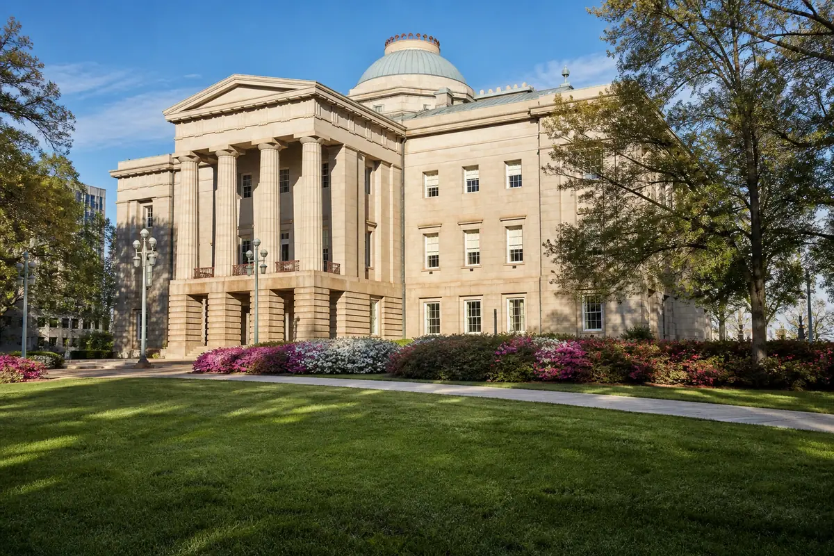 Photorealistic travel-editorial view of North Carolina State Capitol in Raleigh, North Carolina