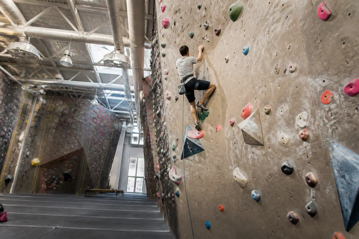 Photorealistic travel-editorial view of BaseCamp Climbing Gym in Reno, Nevada