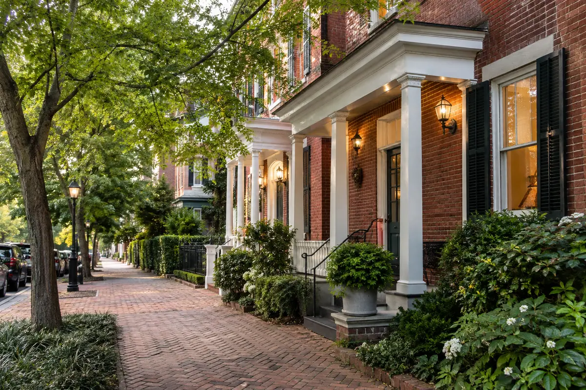 Photoreal travel-editorial view of Linden Row Inn in Richmond, Virginia