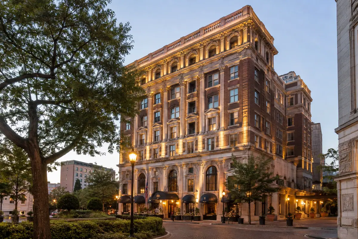 Photoreal travel-editorial view of The Jefferson Hotel in Richmond, Virginia