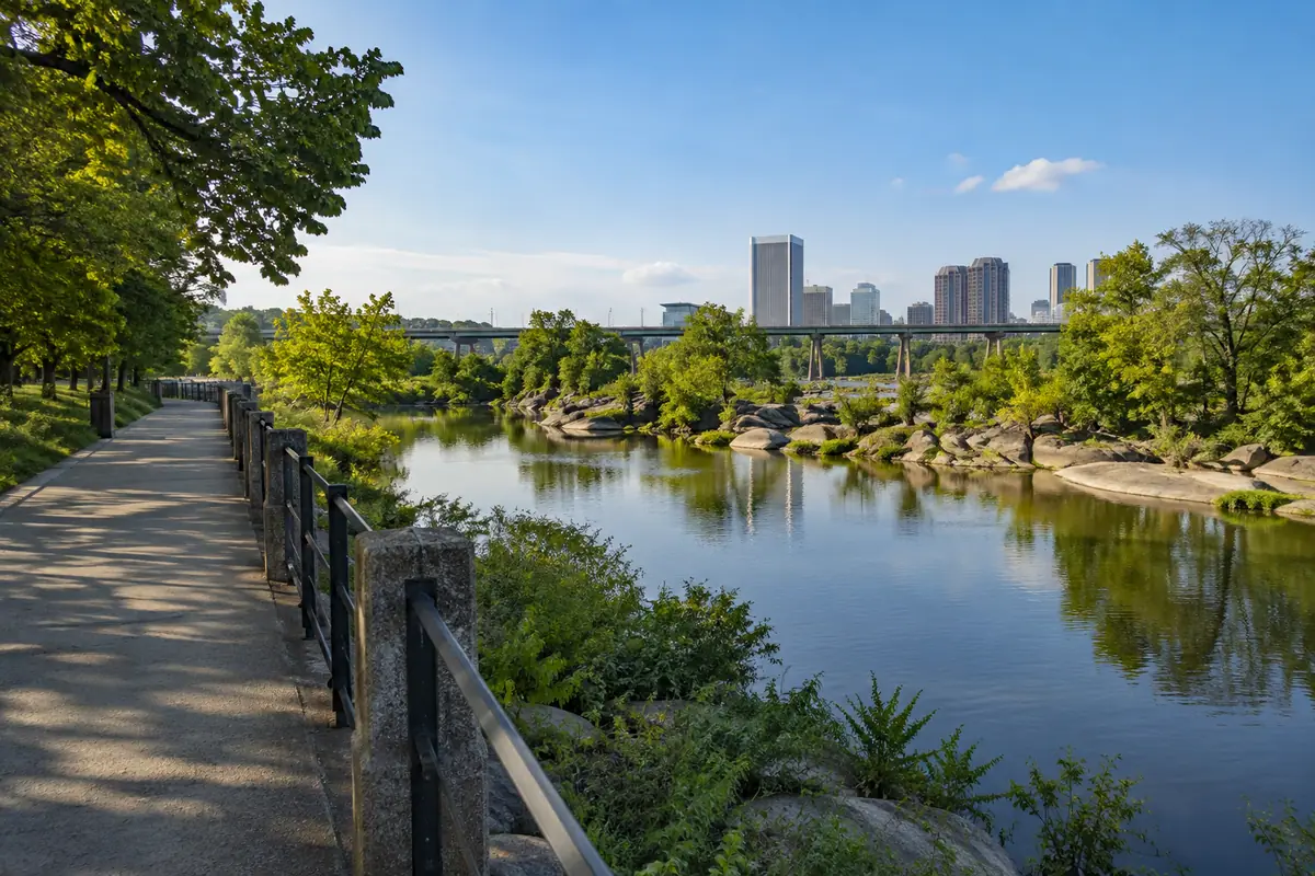 Photoreal travel-editorial view of Canal Walk and Brown's Island in Richmond, Virginia