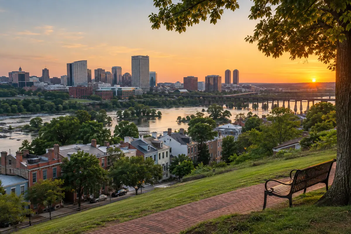 Photoreal travel-editorial view of Church Hill and Libby Hill Park in Richmond, Virginia
