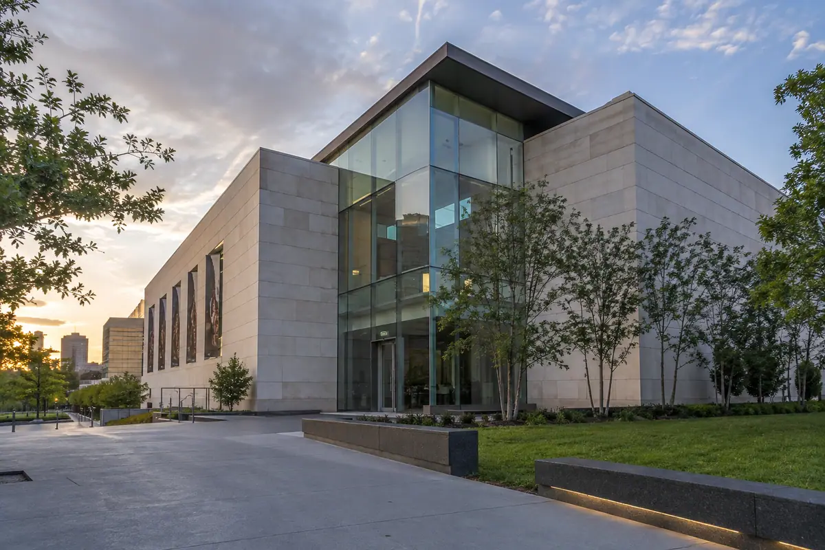 Photoreal travel-editorial view of Virginia Holocaust Museum in Richmond, Virginia