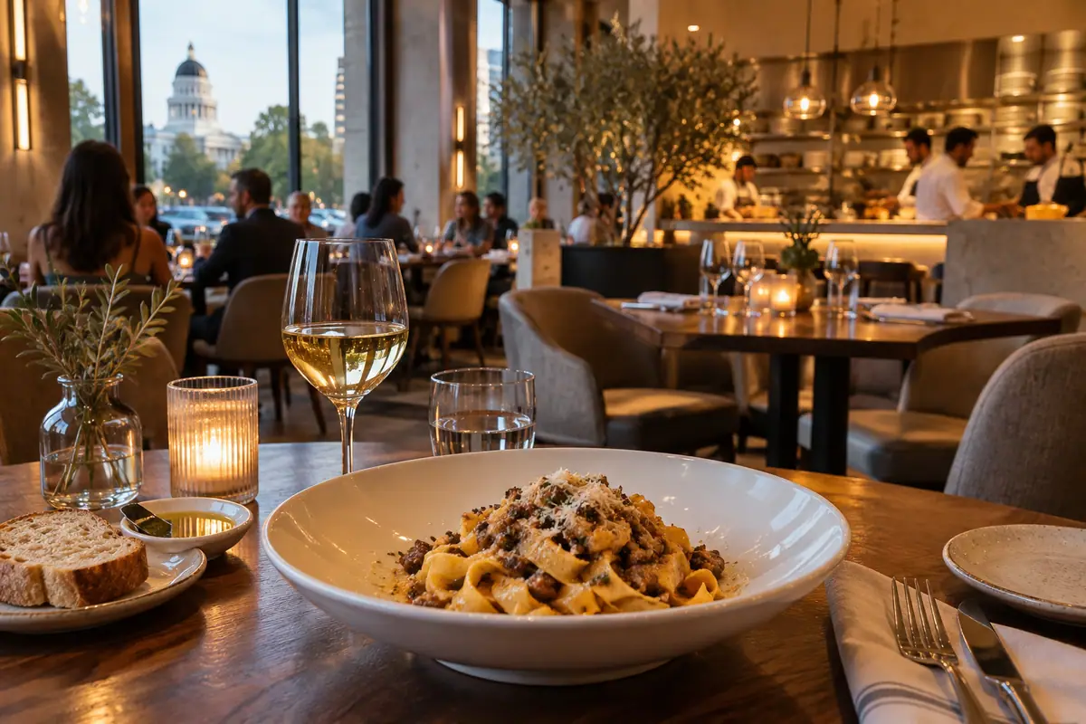 Photorealistic travel-editorial view of Allora in Sacramento, California