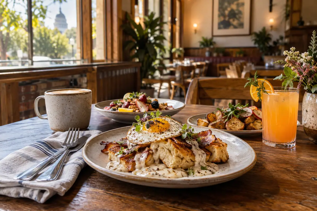 Photorealistic travel-editorial view of Bacon & Butter in Sacramento, California