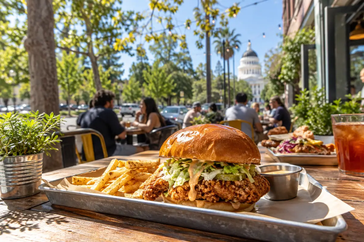 Photorealistic travel-editorial view of Bawk! by Urban Roots in Sacramento, California