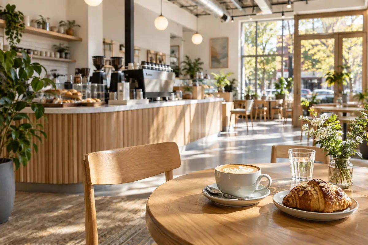 Photorealistic travel-editorial view of Camellia Coffee Roasters in Sacramento, California