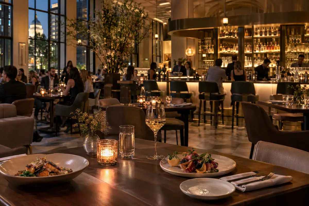 Photorealistic travel-editorial view of Ella Dining Room & Bar in Sacramento, California