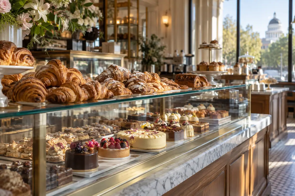 Photorealistic travel-editorial view of Estelle Bakery & Pâtisserie in Sacramento, California