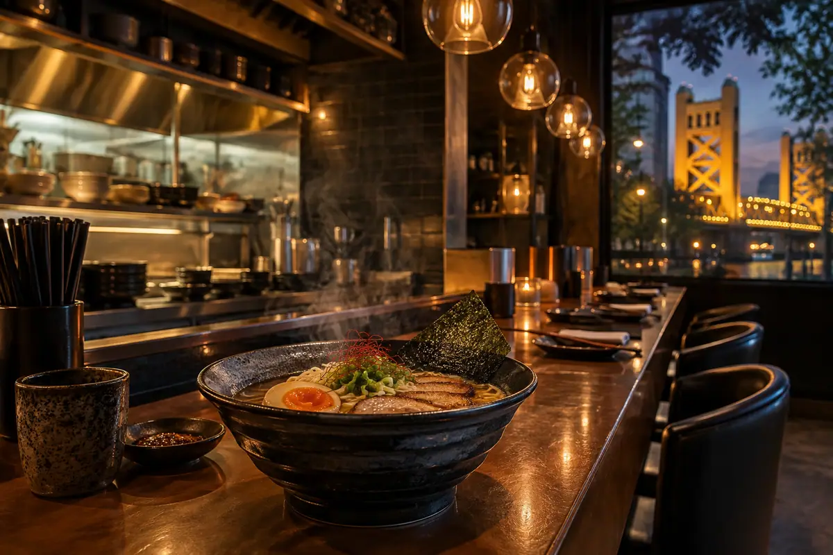 Photorealistic travel-editorial view of Kodaiko Ramen & Bar in Sacramento, California