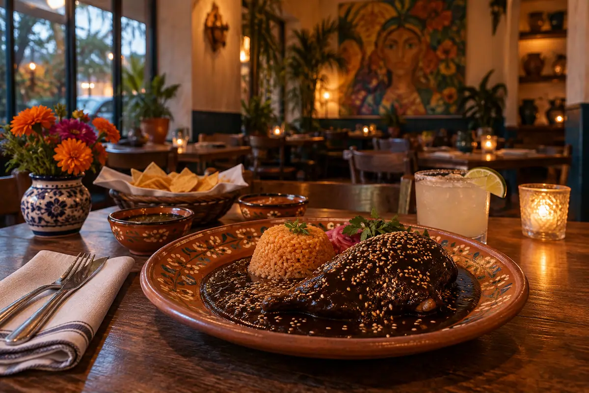 Photorealistic travel-editorial view of Maya Traditional Mexican Cuisine in Sacramento, California