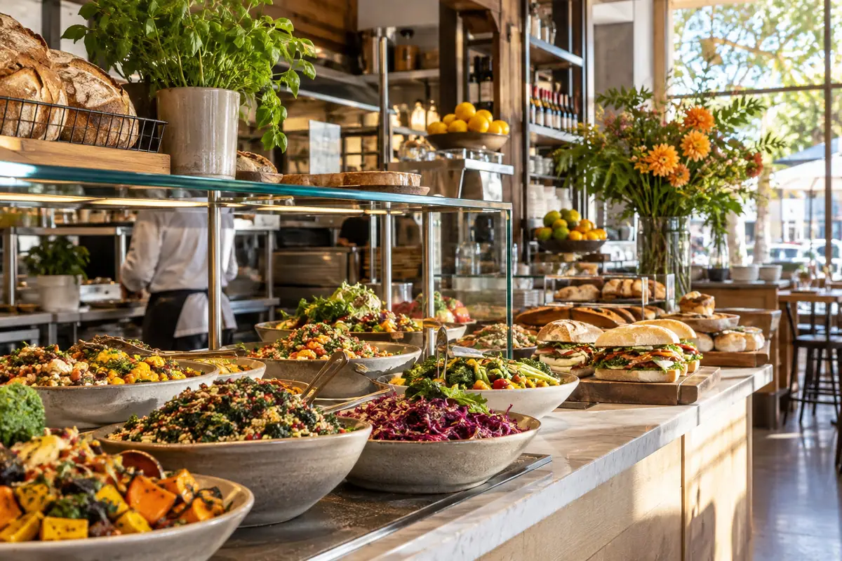 Photorealistic travel-editorial view of Selland's Market-Café in Sacramento, California