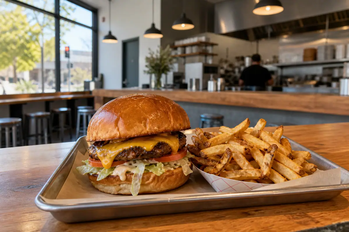 Photorealistic travel-editorial view of Squeeze Burger in Sacramento, California