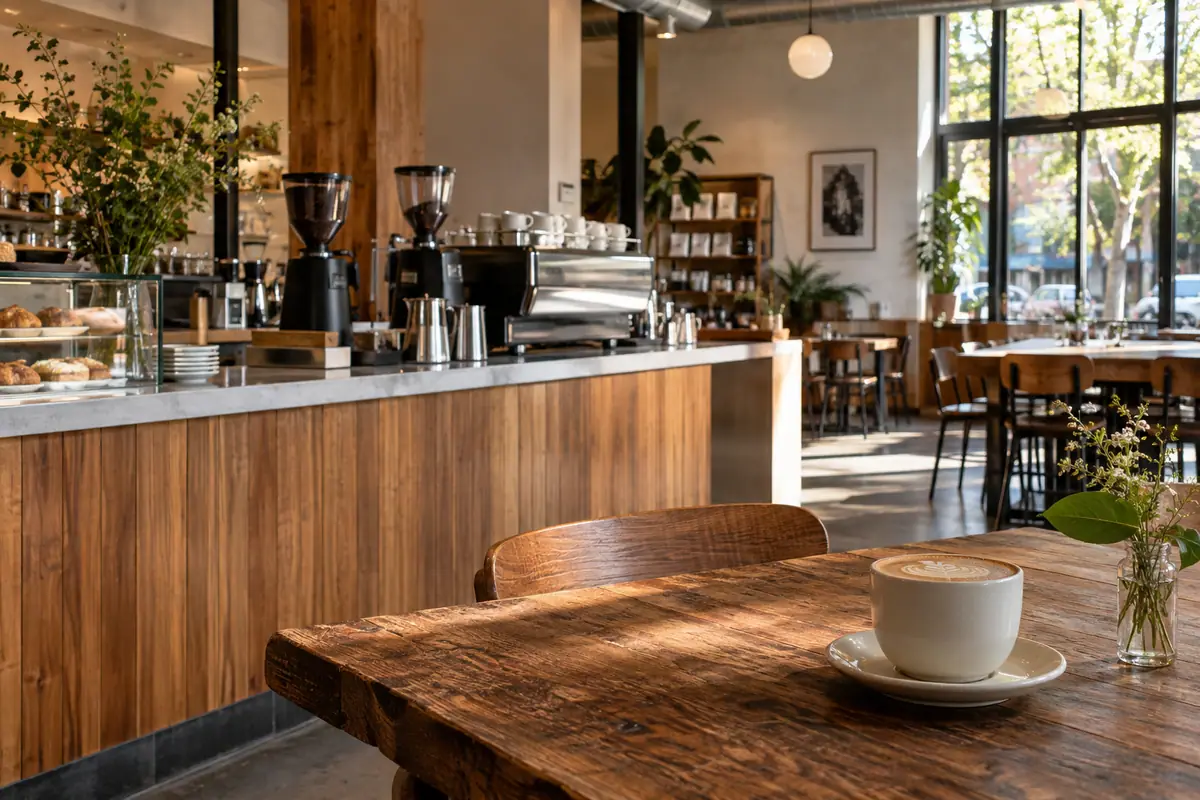Photorealistic travel-editorial view of Temple Coffee Roasters in Sacramento, California