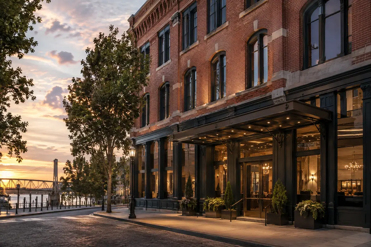 Photorealistic travel-editorial view of The Exchange Sacramento, Curio Collection by Hilton in Sacramento, California