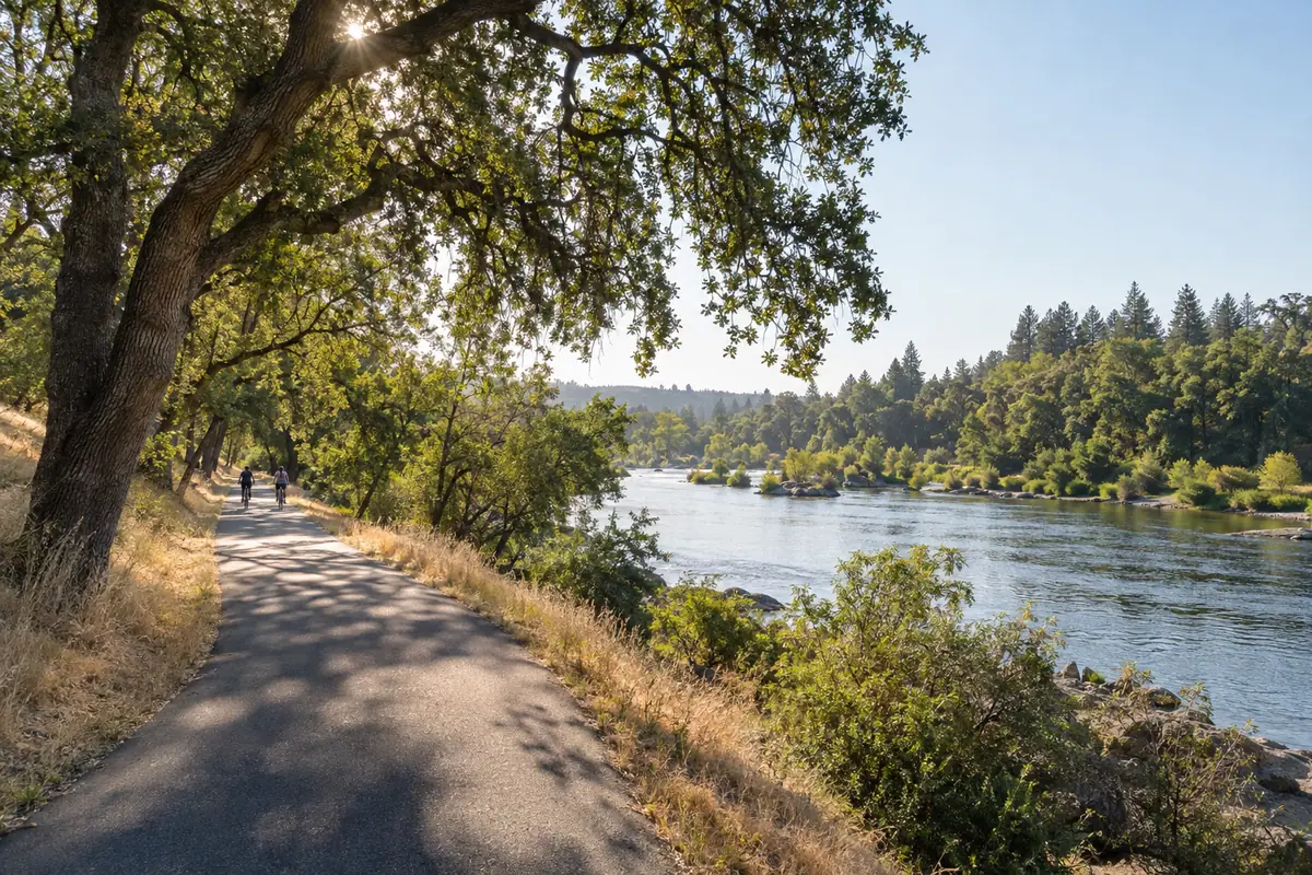 Photorealistic travel-editorial view of American River Parkway and Jedediah Smith Memorial Trail in Sacramento, California