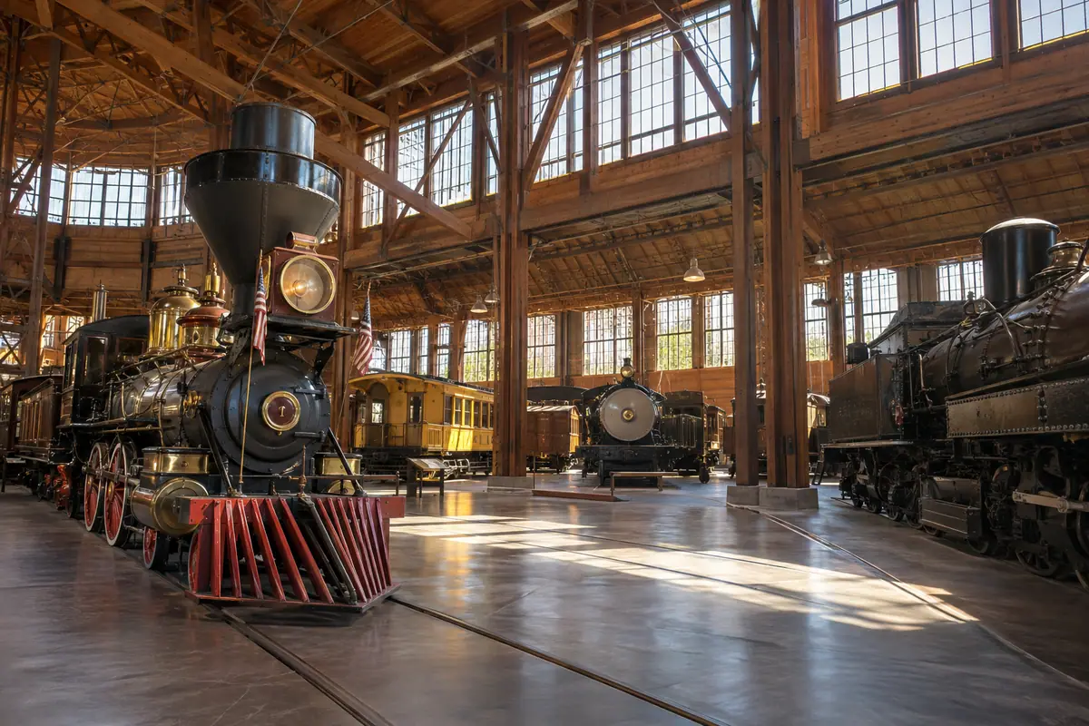 Photorealistic travel-editorial view of California State Railroad Museum in Sacramento, California