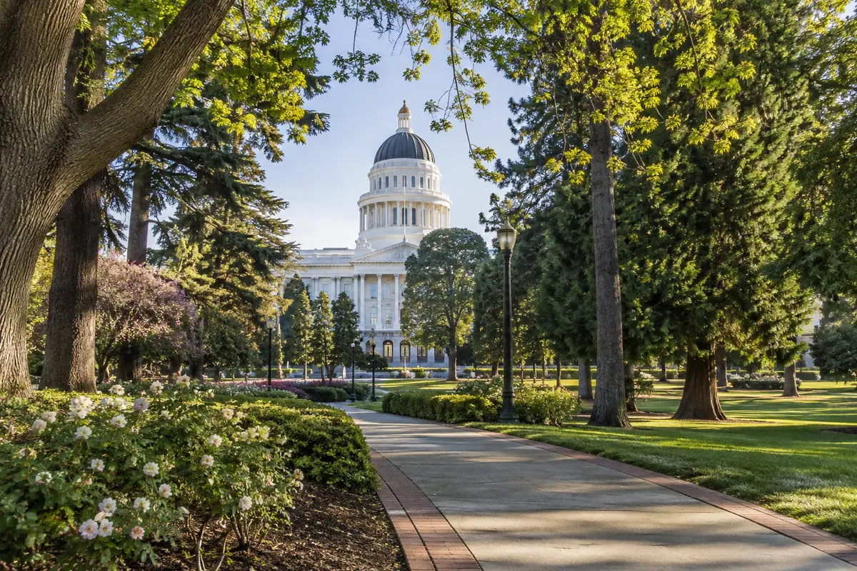 Photorealistic travel-editorial view of Capitol Park in Sacramento, California