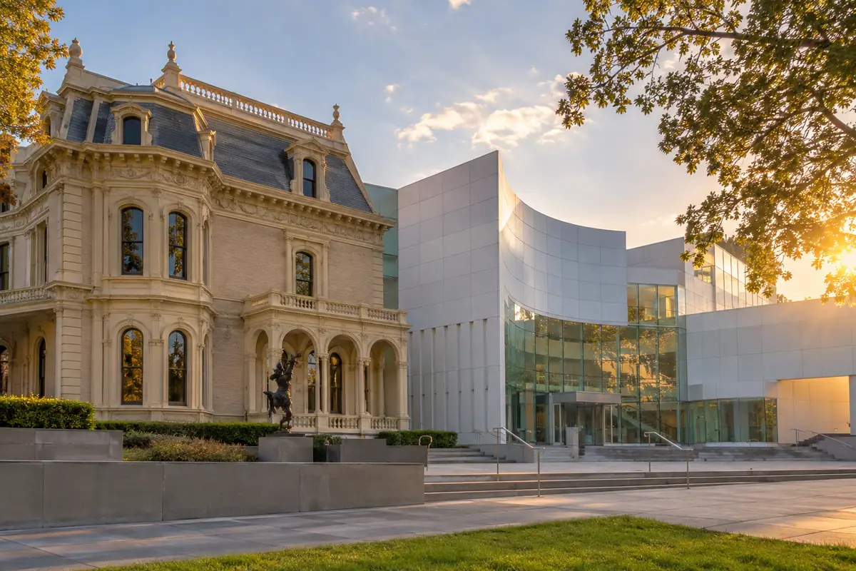 Photorealistic travel-editorial view of Crocker Art Museum in Sacramento, California
