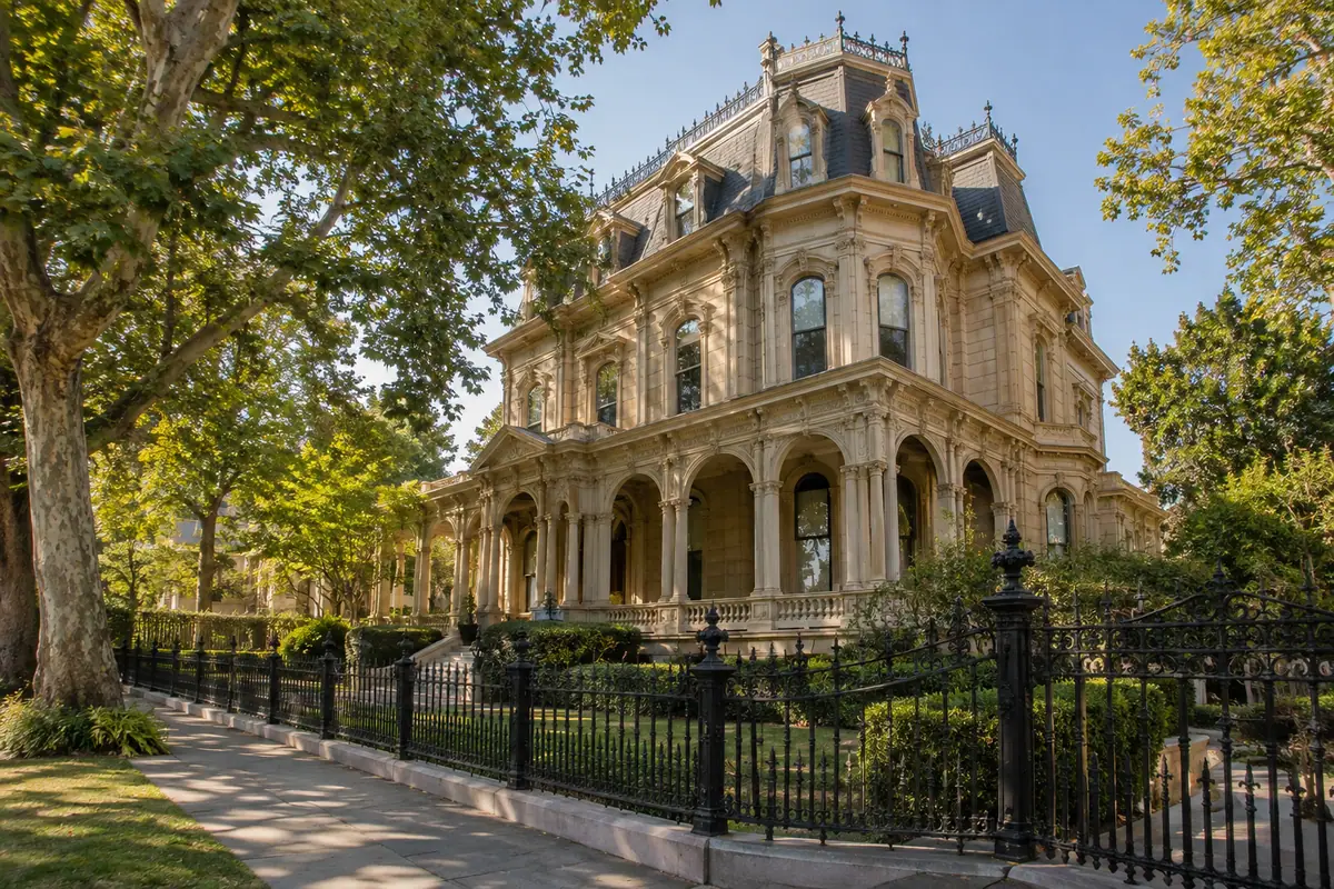 Photorealistic travel-editorial view of Leland Stanford Mansion State Historic Park in Sacramento, California
