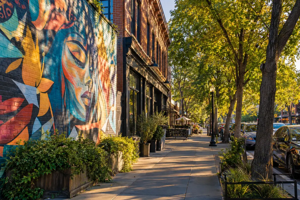 Photorealistic travel-editorial view of Midtown Murals and R Street Walk in Sacramento, California