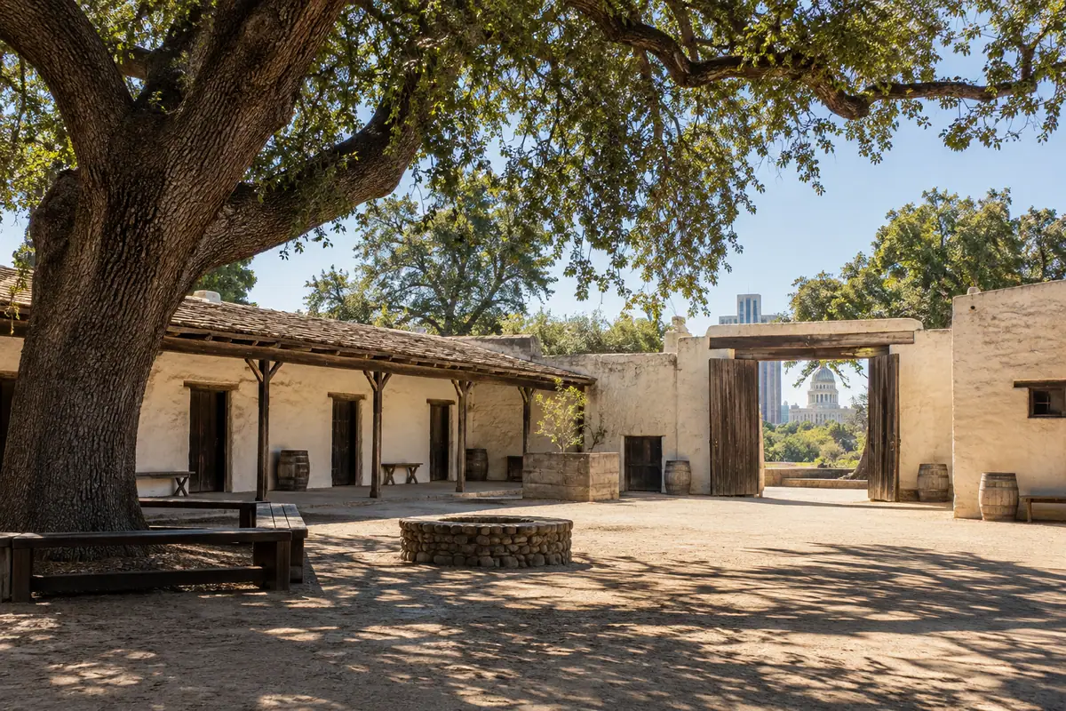 Photorealistic travel-editorial view of Sutter's Fort State Historic Park in Sacramento, California
