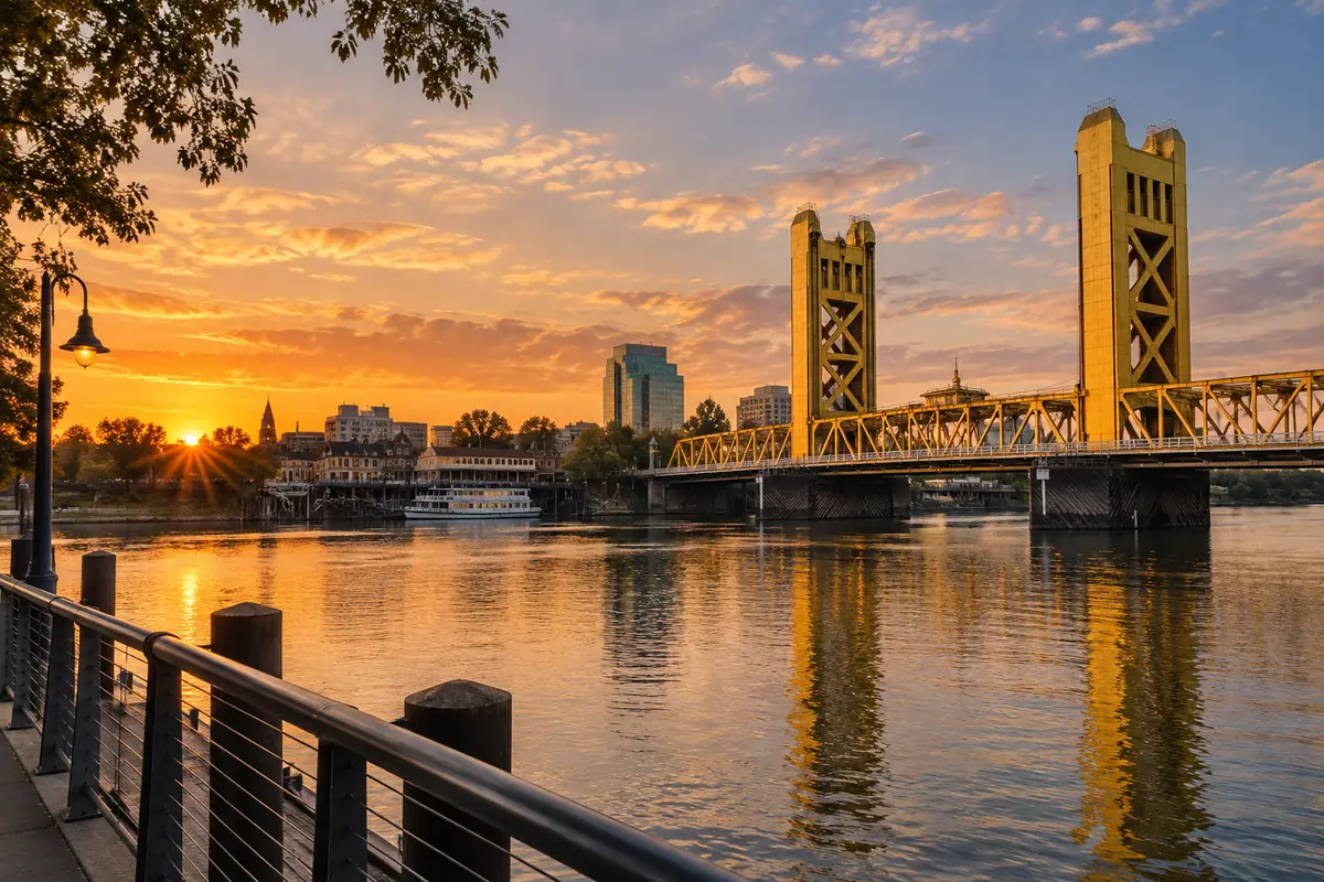 Photorealistic travel-editorial view of Tower Bridge and West Sacramento River Walk in Sacramento, California