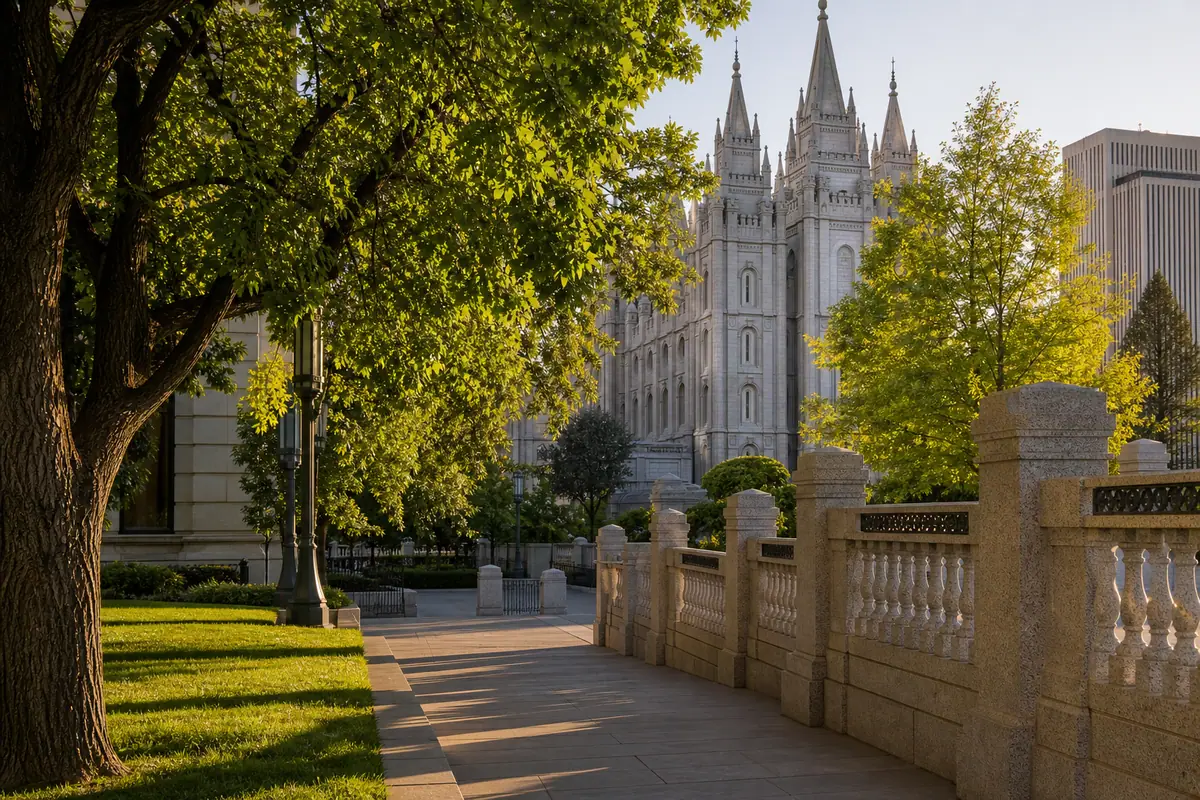 Photoreal editorial view of Temple Square in Salt Lake City
