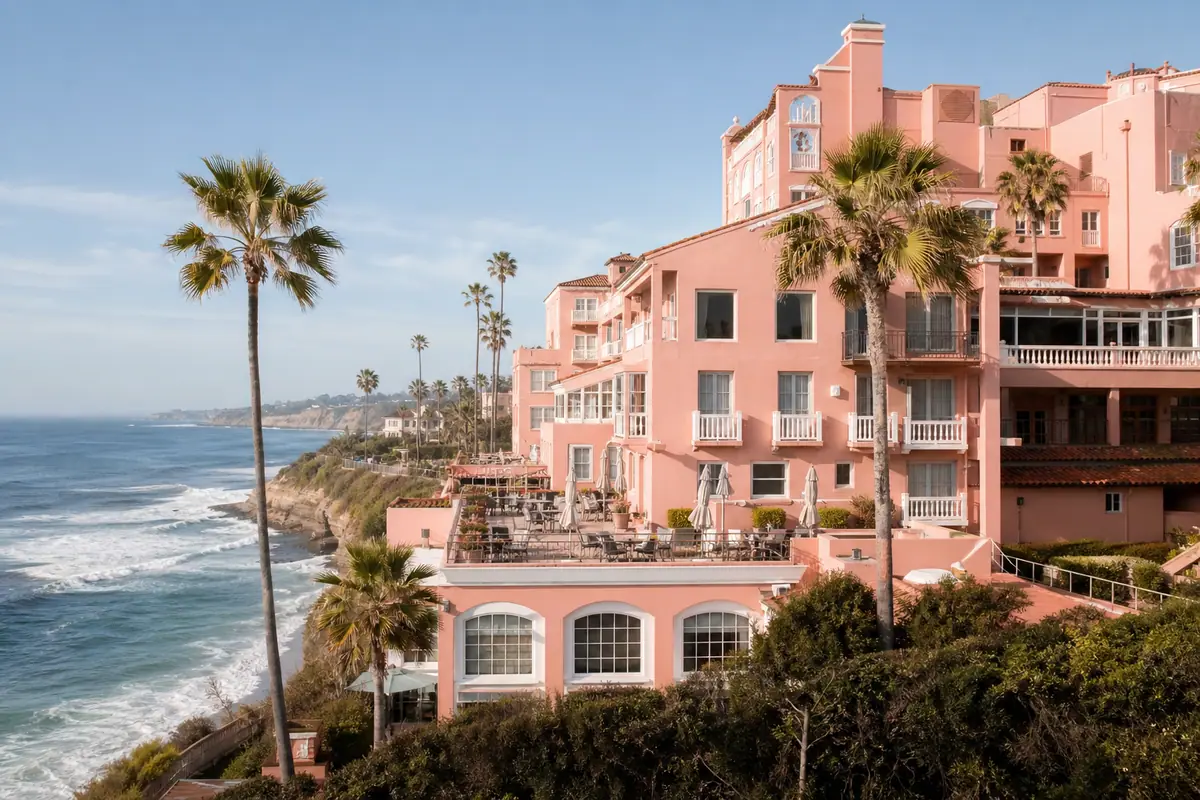 Photoreal exterior of La Valencia Hotel in San Diego