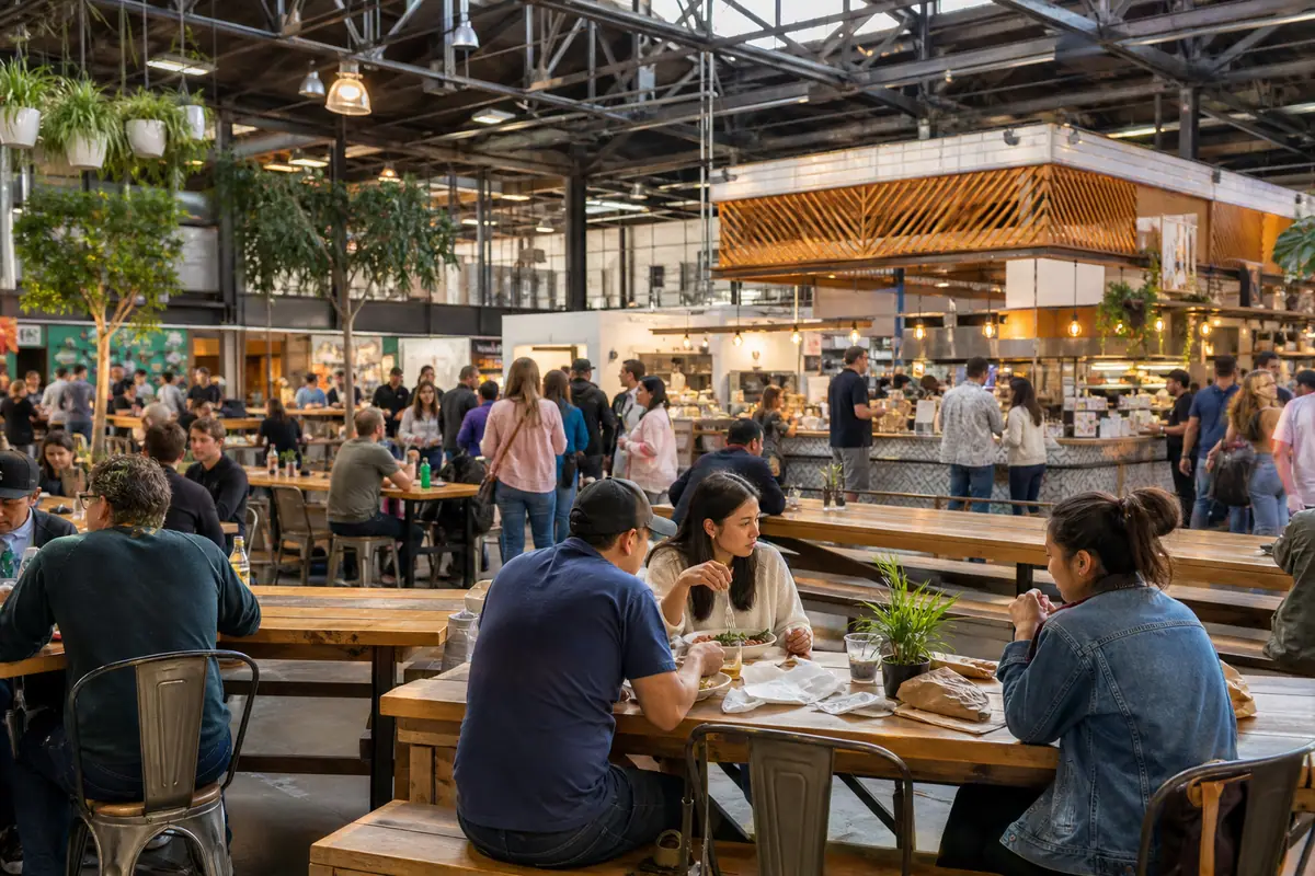 Photoreal dining or food scene representing Liberty Public Market in San Diego