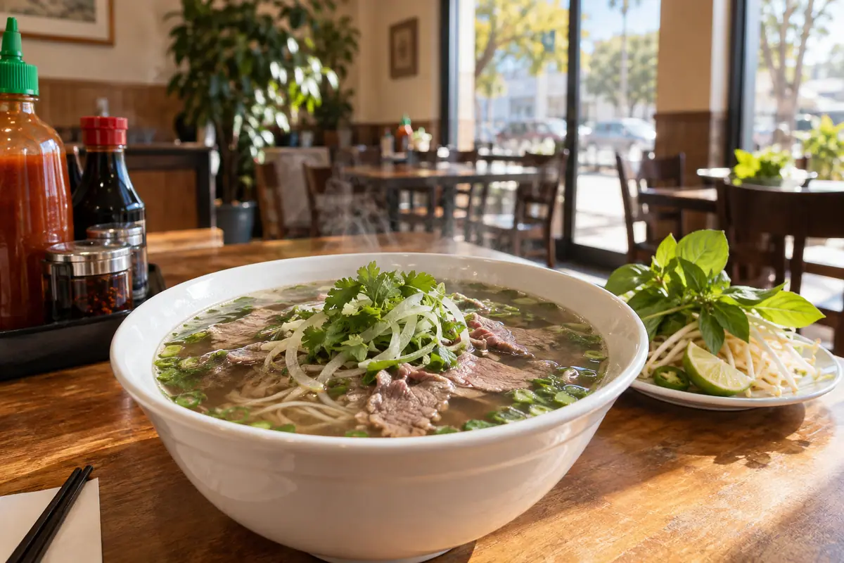 Photoreal travel-editorial view of Pho Hà Nội San Jose in San Jose, California