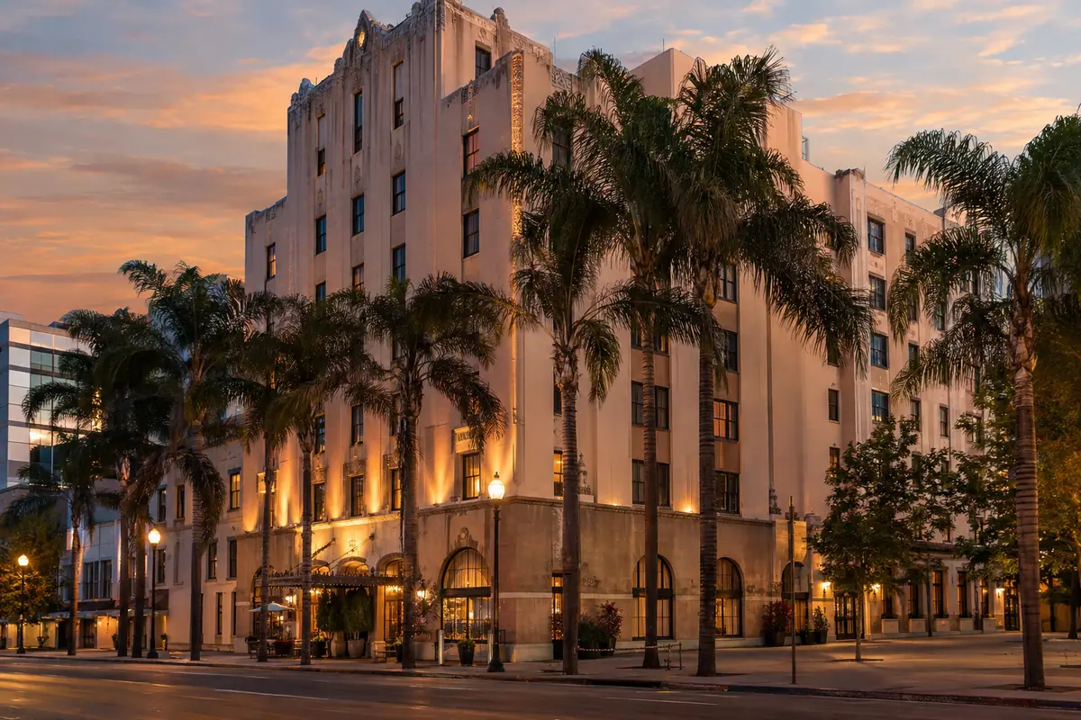 Photoreal travel-editorial view of Hotel De Anza in San Jose, California