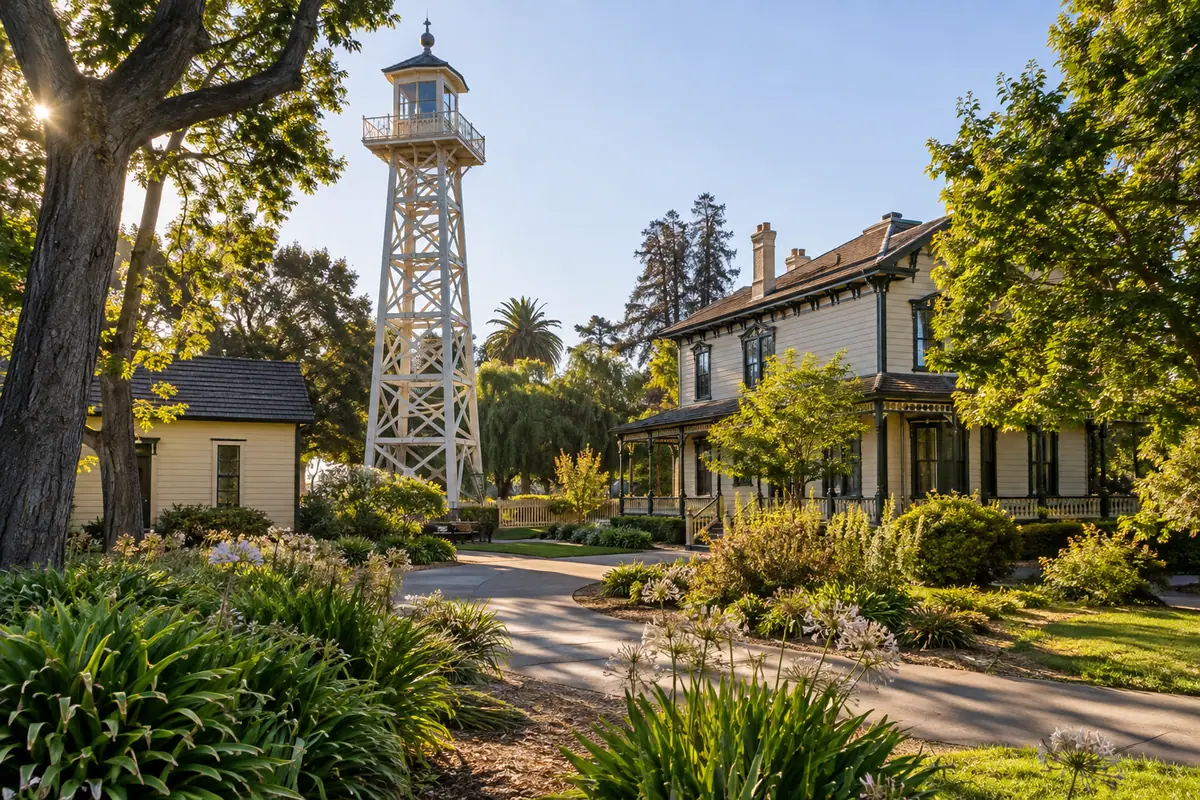 Photoreal travel-editorial view of History Park in San Jose, California
