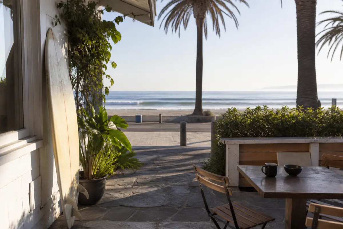 Photoreal travel-editorial view of Dawn Patrol in Santa Barbara, California